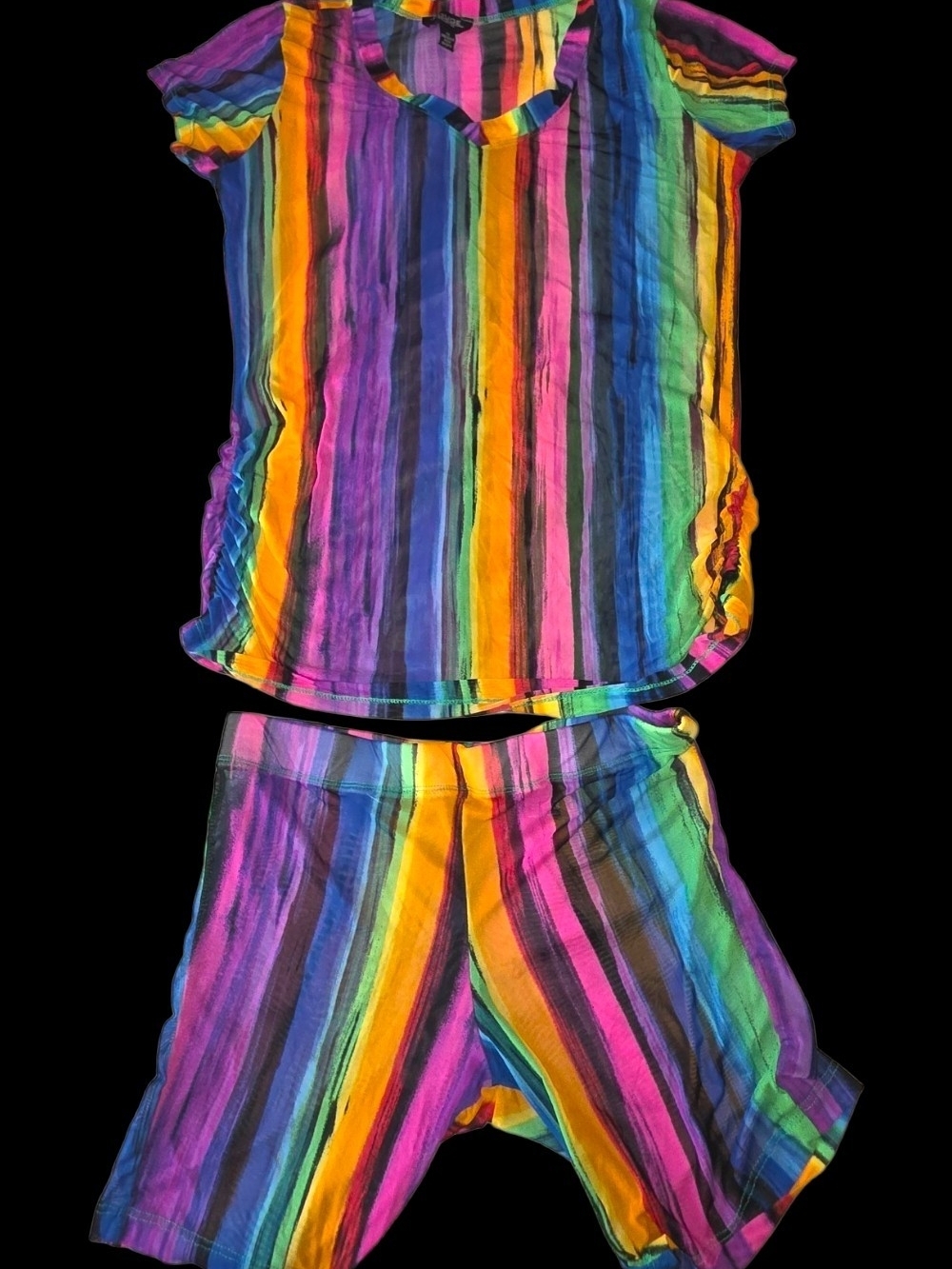 Rouge Collection 2-Piece Mesh Rainbow Stripe Shorts Set - Plus 1X NWOT